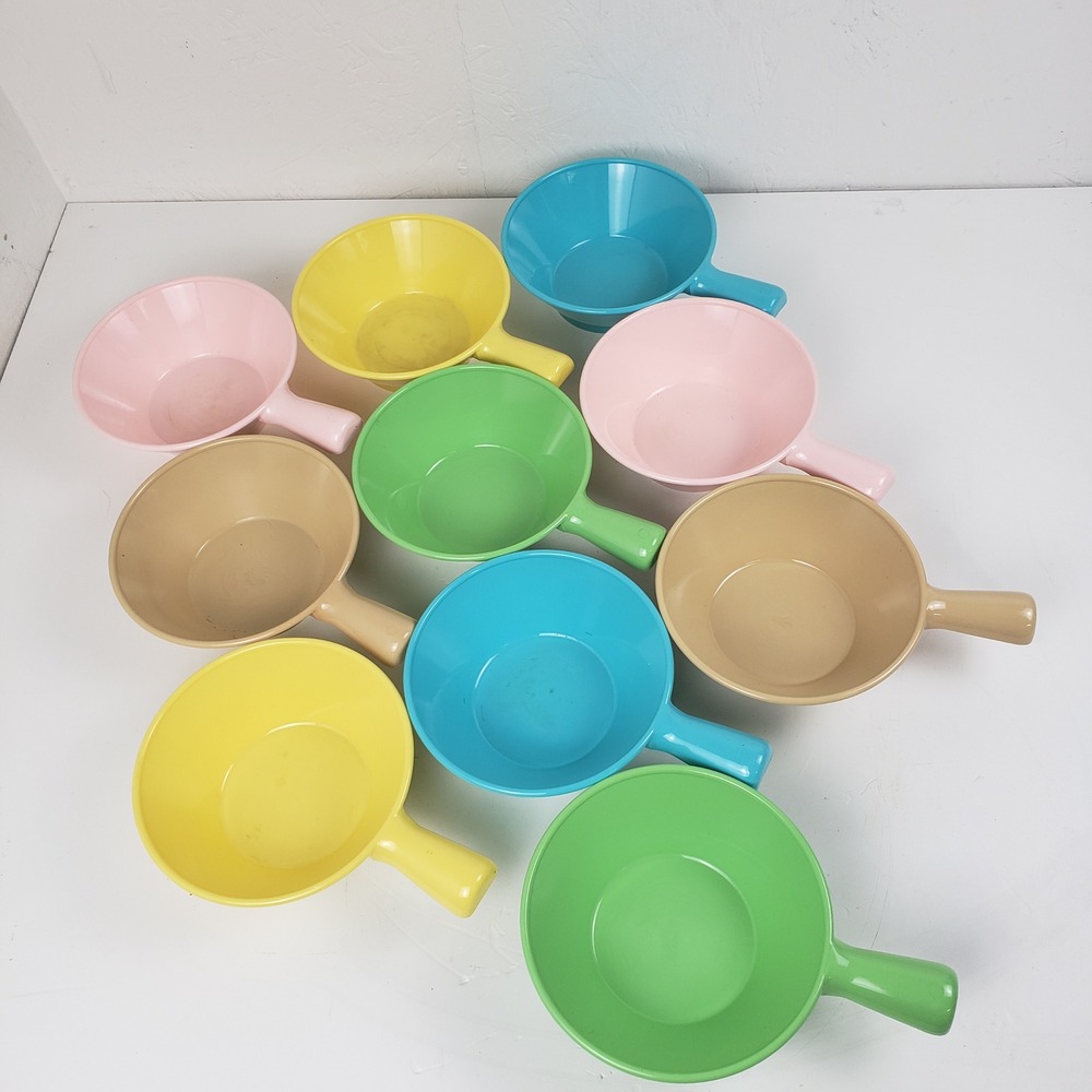 Vintage Mid Century Plastic Bowls Set of 10 Colorful Handled Soup Cups Eagle USA